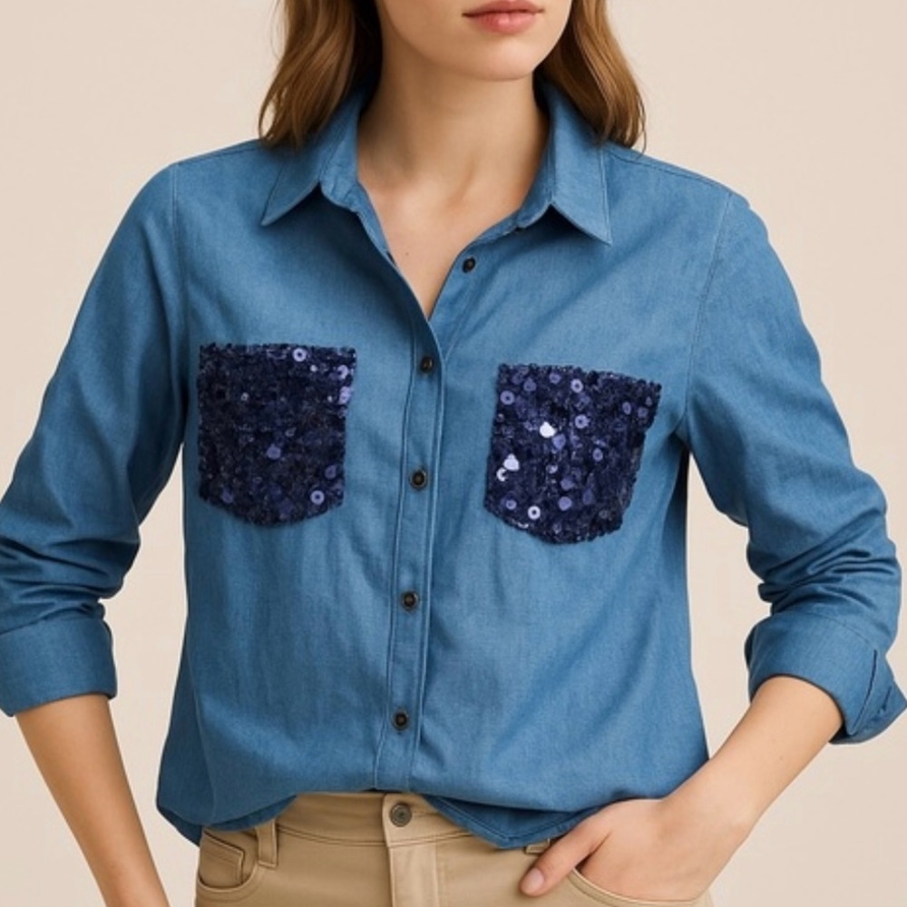 Alice Blue Denim Button Front Top with Navy Sequin Front Pockets S